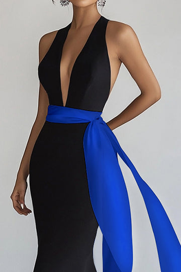 Mermaid Deep V Neck Black Tie Dress with Sash